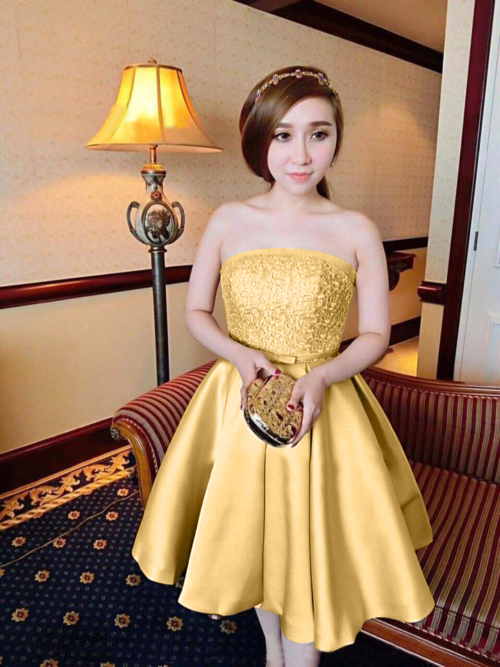 Đầm dự tiệc cúp ngực đính hạt màu vàng công chúa