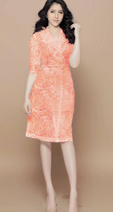Đầm ren cổ vest cao cấp màu cam dễ thương - Đầm ren đẹp