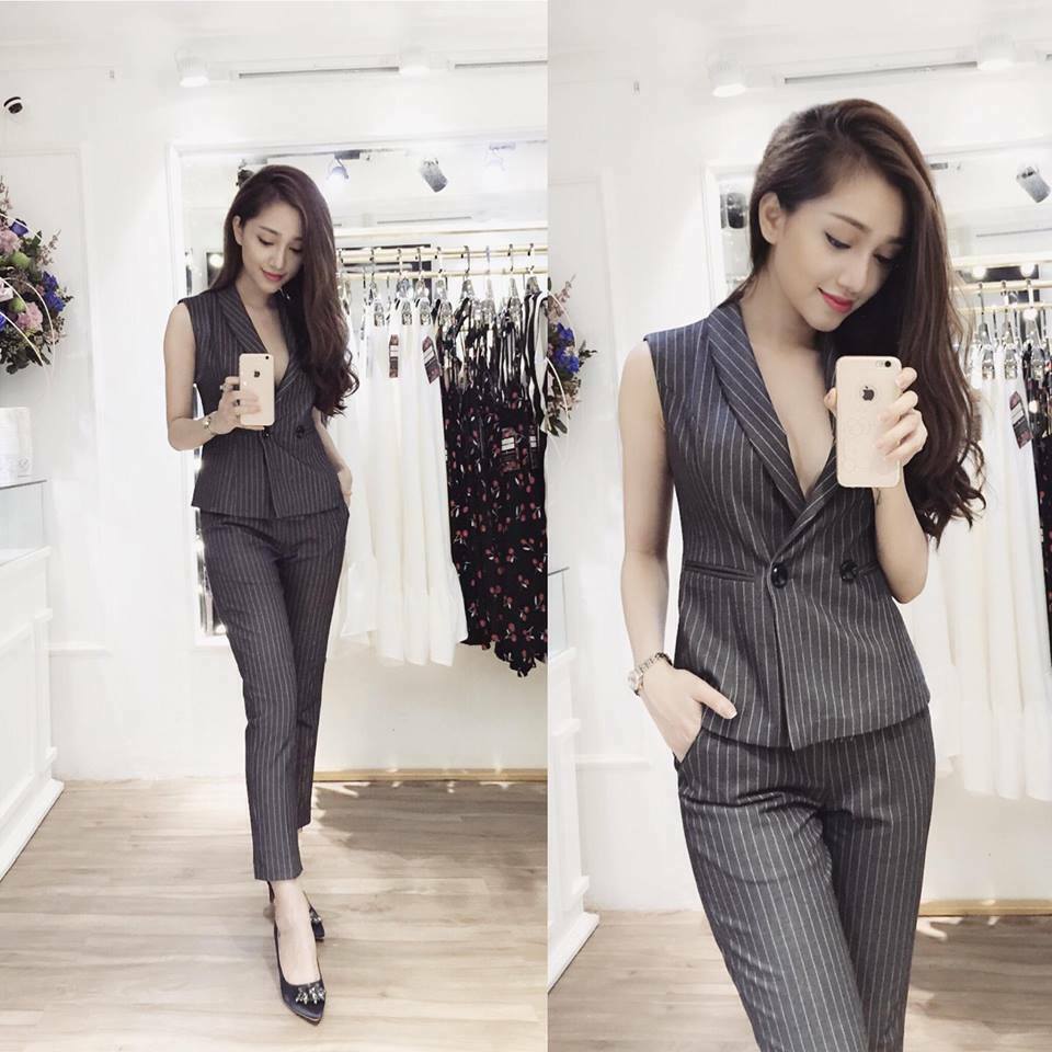 Bộ set sọc cổ vest hiện đại - đầm body dễ thương