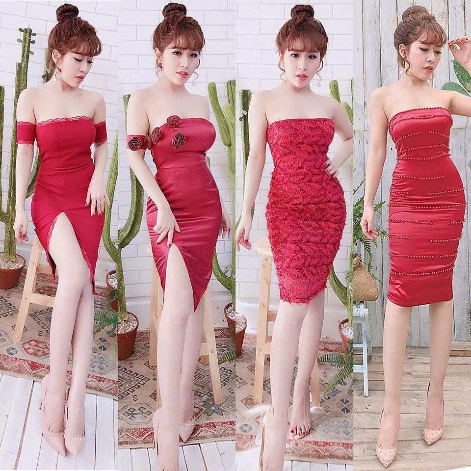 Đầm body cúp ngực trễ vai và đính ngọc trai cao cấp  - đầm body có tay