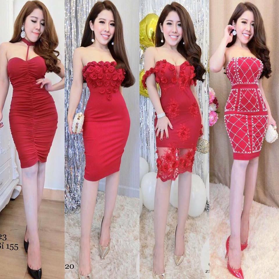 Đầm body cúp ngực trễ vai và đính ngọc trai cao cấp 