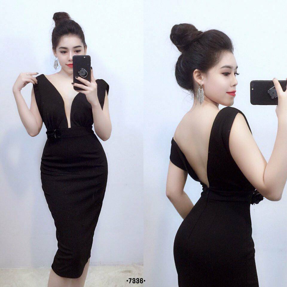 Đầm body dự tiệc hở lưng phối lưới cao cấp-màu đen