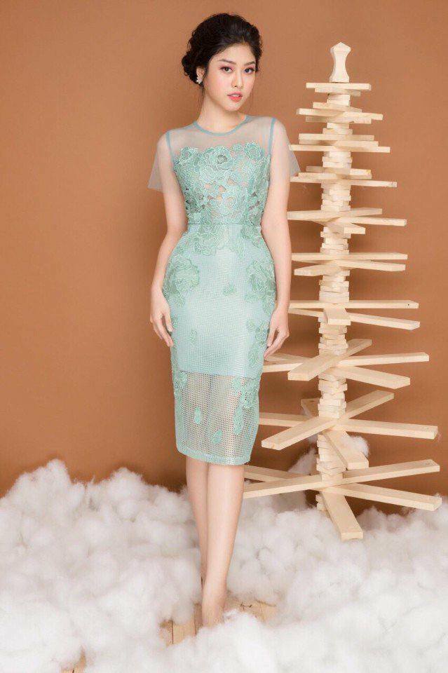 Đầm body phối ren lưới  đấp  xanh ngọc cao cấp - đầm body có tay