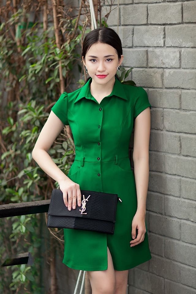Đầm công sở cổ sơ mi đính nút có túi sang trọng - đầm body cổ đổ