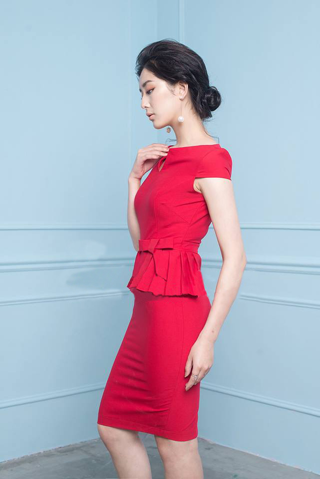  Đầm Công Sở Cổ V Peplum - Đỏ - đầm body dự tiệc