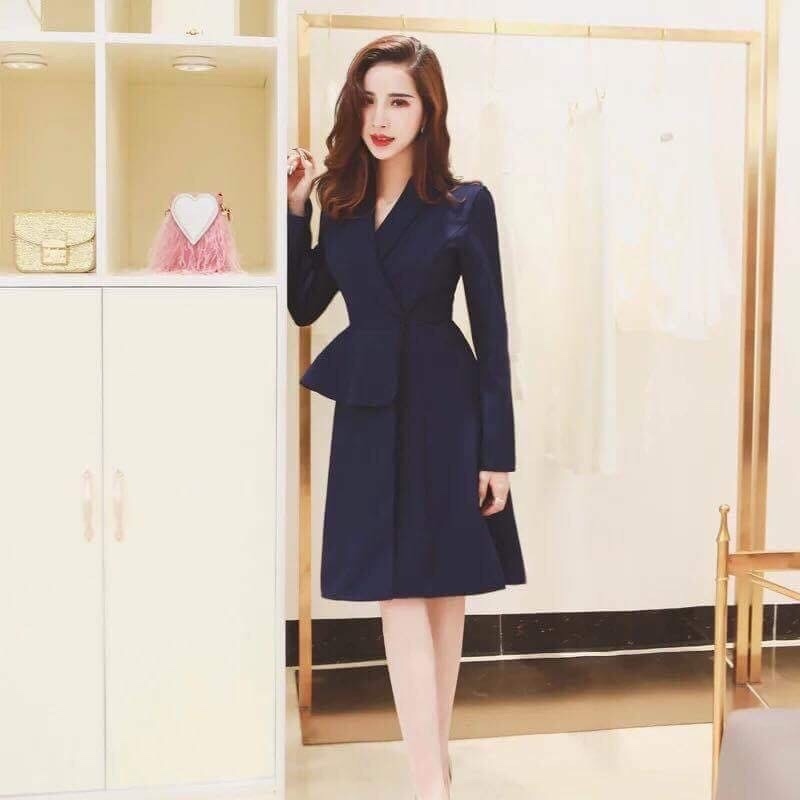 Đầm công sở cổ vest peplum màu xanh