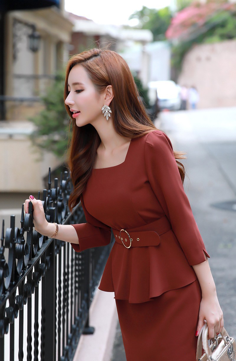 Đầm công sở peplum kèm dây nịt - đầm body có tay