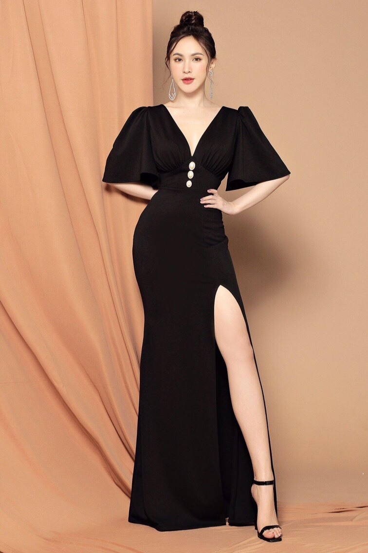 Đầm dạ hội dài xẻ tà màu đen cổ V tay lỡ sang trọng | Đầm dạ hội đẹp