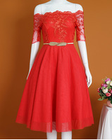 Đầm dạ hội dáng xòe cao cấp thiết kế trễ vai màu đỏ quyến rũ