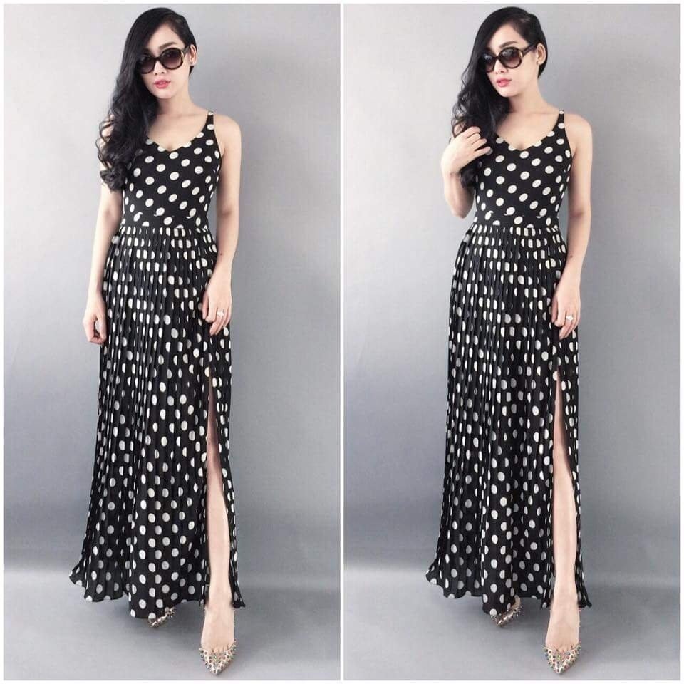 Đầm maxi chấm bi dập ly màu đen 