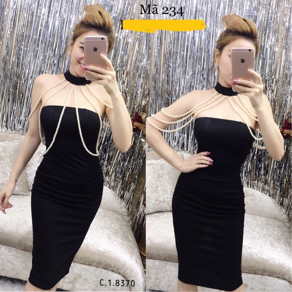 Đầm om body cúp ngực vòng cổ đính ngọc trai cao cấp - đầm body cổ yếm