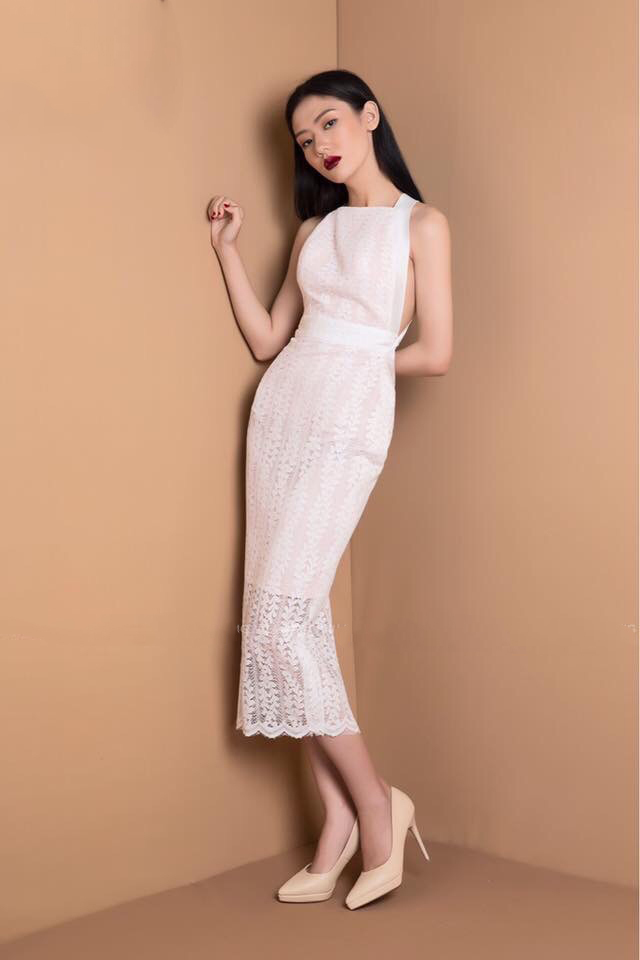 Đầm dạ hội dài trắng thiết kế phối voan trễ vai siêu sexy - D610