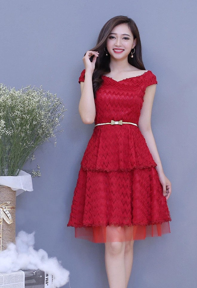 Đầm đỏ xòe phối nút tay phồng KK161-15 | Thời trang công sở K&K Fashion