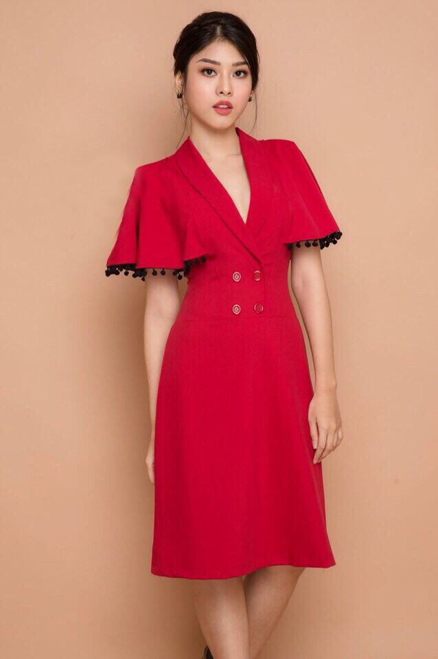 Đầm Suông Cổ Vest Tay Bèo màu đỏ quý phái | Đầm xòe đẹp