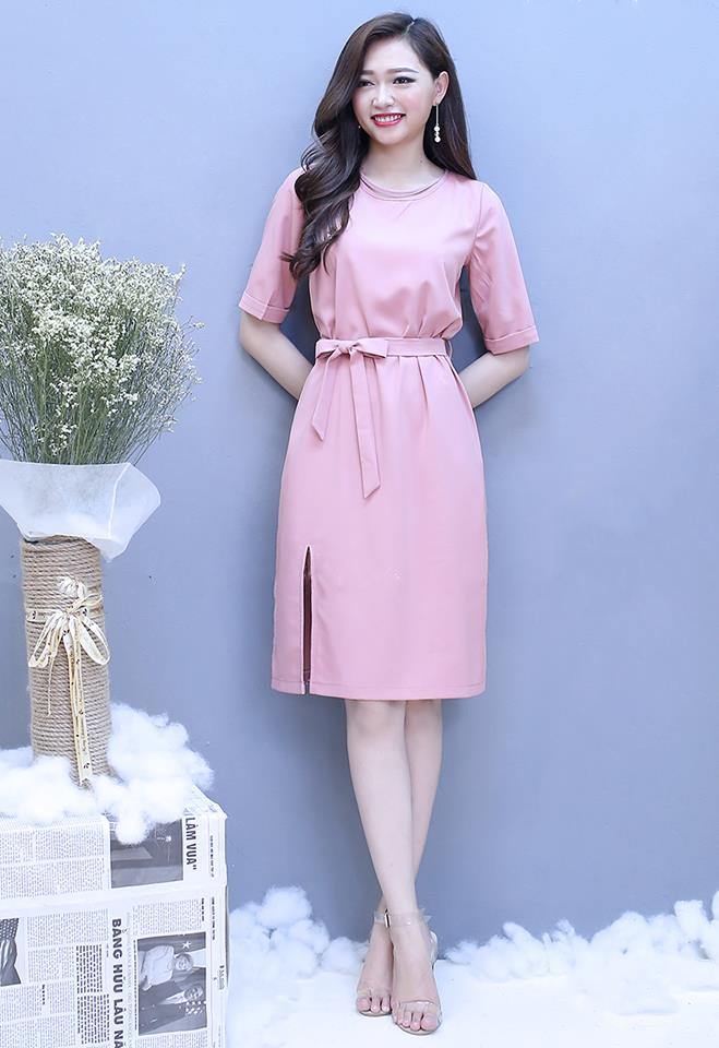 Đầm Suông Thắt Dây Tay Lỡ - Hồng - Đầm xòe