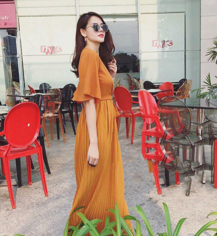 Đầm voan maxi dạ hội dập ly màu cam