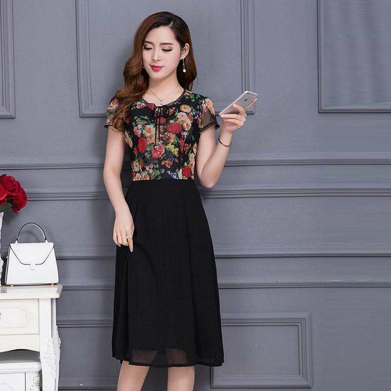 Đầm xòe chiffon cao cấp in 3D hoa mùa thu phối ren cao cấp - Đầm ren đẹp