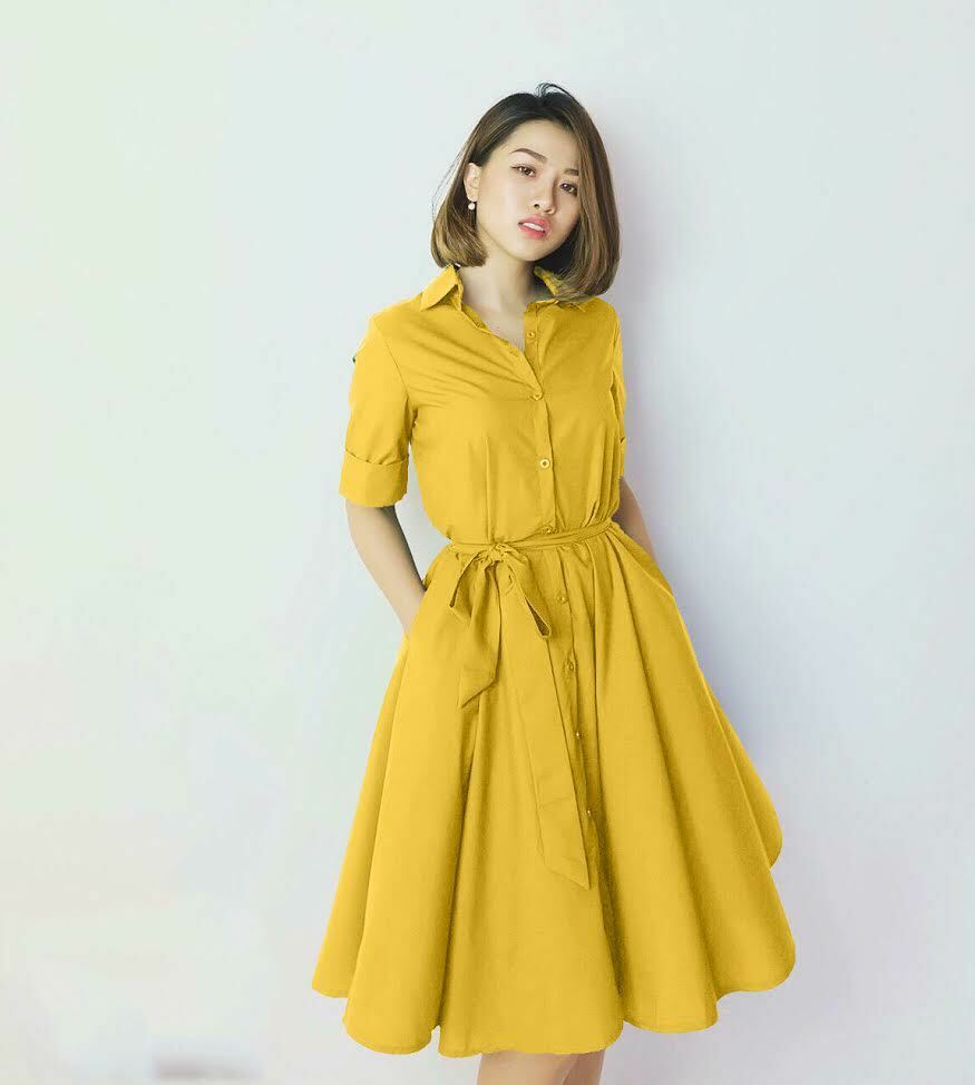 Đầm Xòe Cổ Sơ Mi Có Túi Kèm Thắt Lưng - Vàn - Đầm xòe