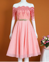 Đầm xòe dự tiệc thiết kế trễ vai quyến rũ màu hồng xinh xắn
