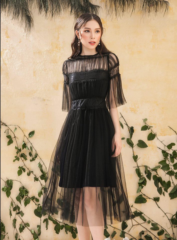 Đầm xòe lưới kiểu vintage phối ren màu đen | Đầm ren đẹp