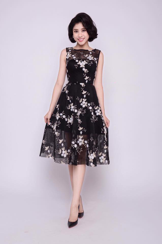 Đầm xòe lưới thêu hoa màu đen cao cấp | Đầm ren đẹp