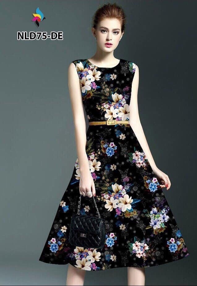 Đầm xòe sát nách in hoa 3d họa tiết màu đencao cấp | Đầm xòe đẹp