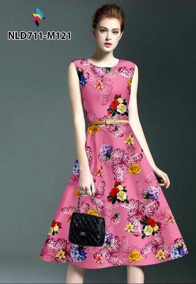 Đầm xòe sát nách in hoa 3d họa tiết màu hồng sen cao cấp | Đầm xòe đẹp