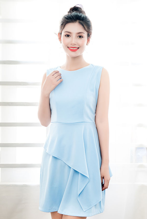 Đầm xòe sát nách thiết kế peplum màu xanh