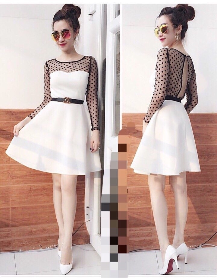 Đầm Xòe Tay Dài Phối Lưới Bi - Trắng
