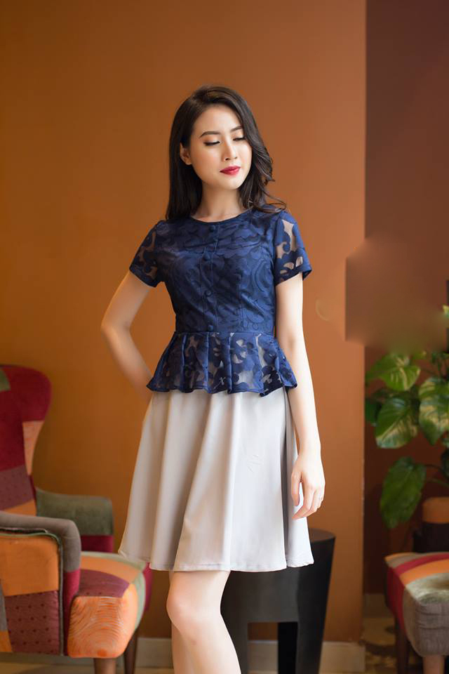 Đầm xòe thiết kế ren peplum màu xanh quyến rũ