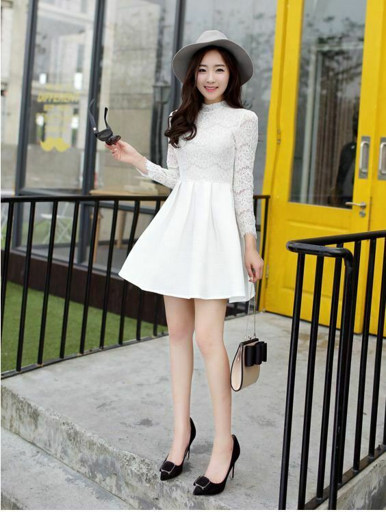 Đầm xòe tiểu thư tay dài phối ren mi mắt màu trắng - Đầm xòe