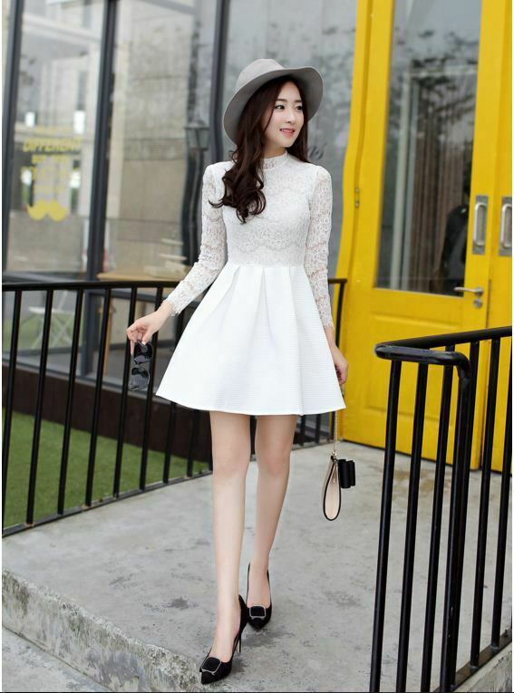 Đầm xòe tiểu thư tay dài phối ren mi mắt màu trắng - Đầm xòe