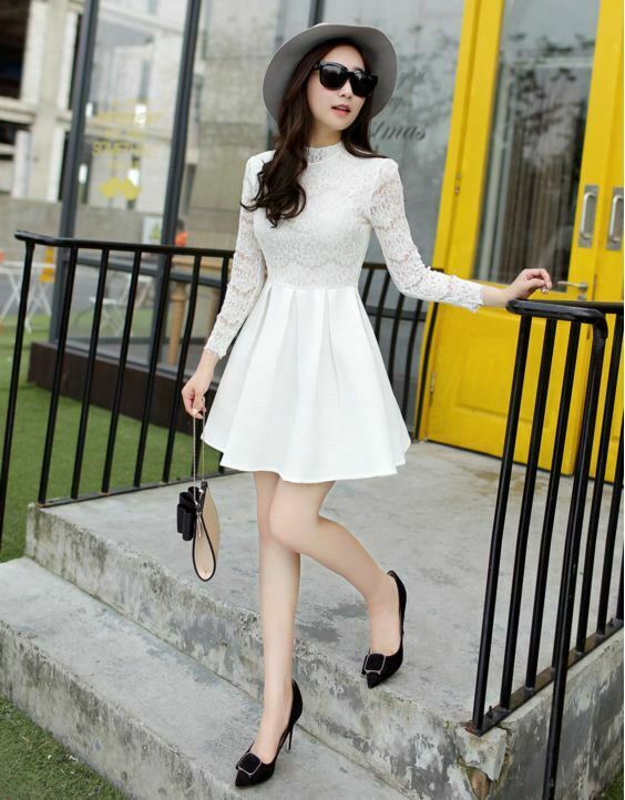 Đầm xòe tiểu thư tay dài phối ren mi mắt màu trắng - Đầm xòe