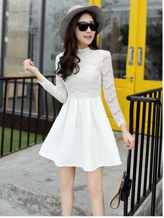 Đầm xòe tiểu thư tay dài phối ren mi mắt màu trắng - Đầm xòe