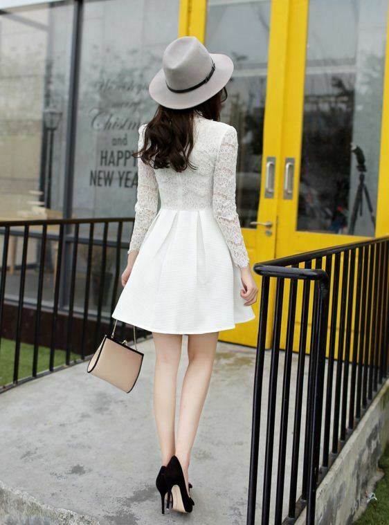 Đầm xòe tiểu thư tay dài phối ren mi mắt màu trắng - Đầm xòe