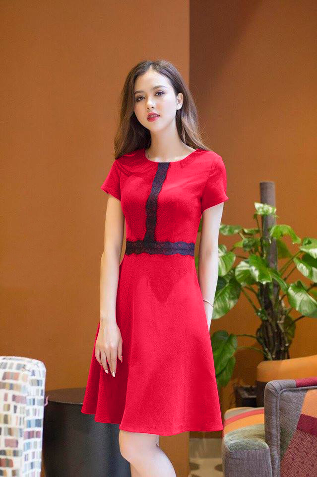 Đầm xòe viền cao cấp ren có túi sang trọng- đỏ | Đầm xòe đẹp