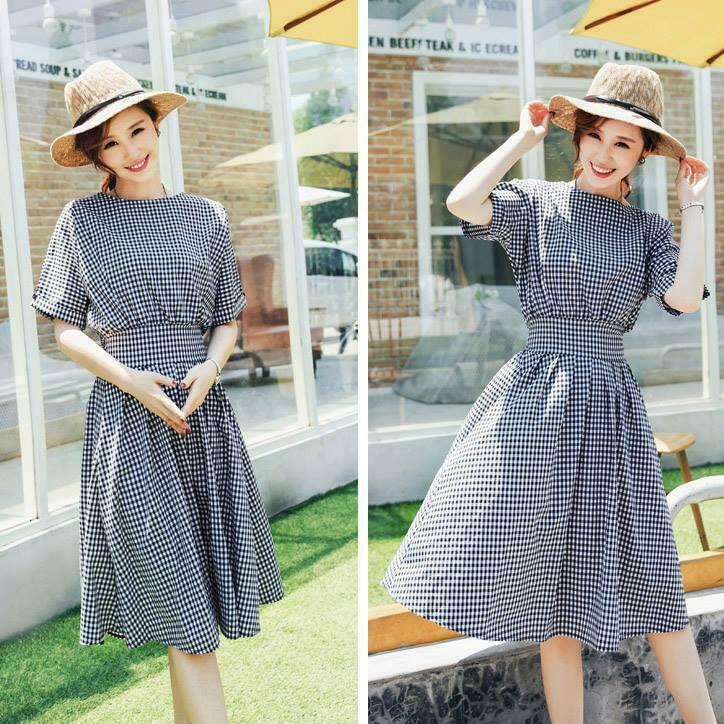 Đầm xòe vintage caro nhí dễ thương - Đầm xòe