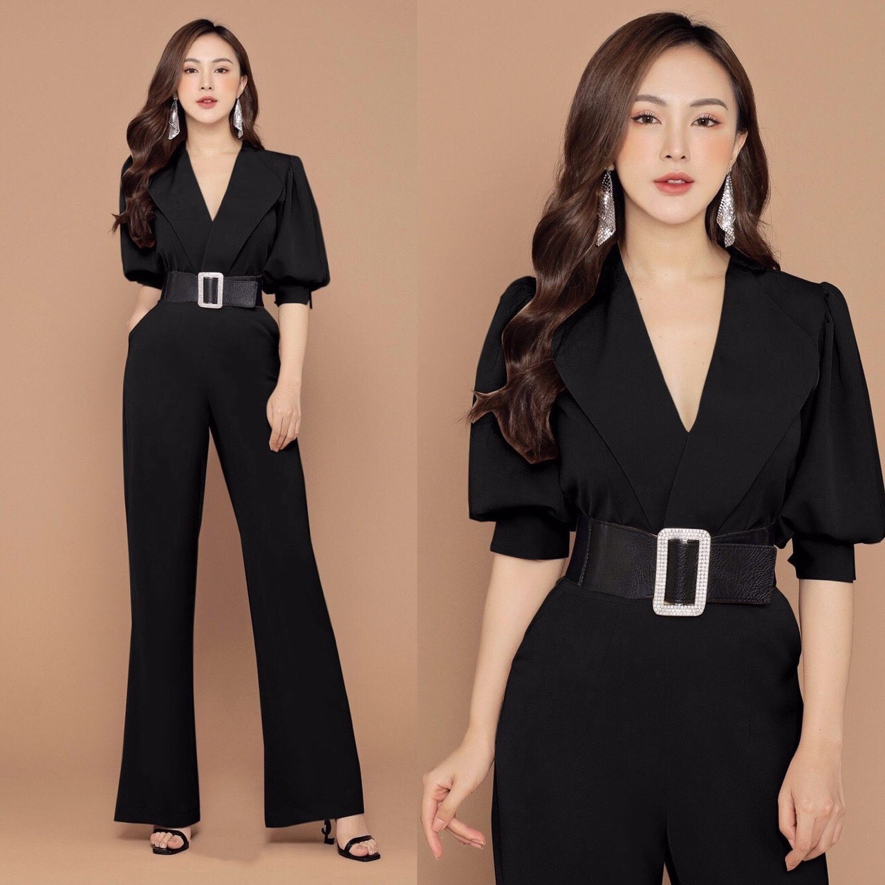 Jumpsuit cổ vest tay phồng thanh lịch
