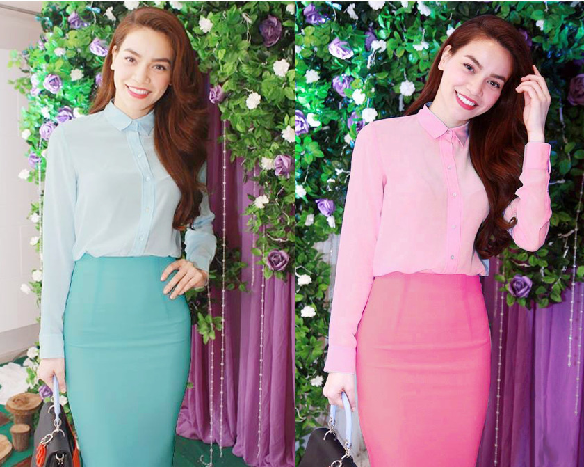 Set áo sơ mi chân váy bút chì màu xanh giống hồ ngọc hà - đầm body dạ hội