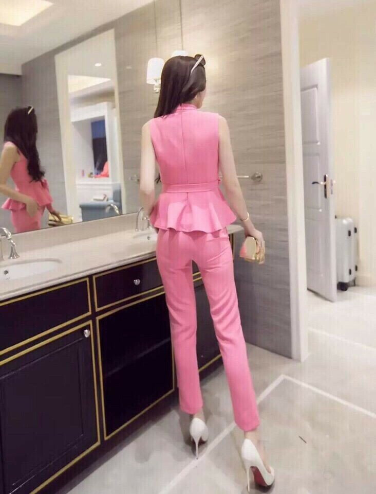 Set nguyên bộ áo peplum kèm thắt nơ màu hồng - đầm body ôm thời trang